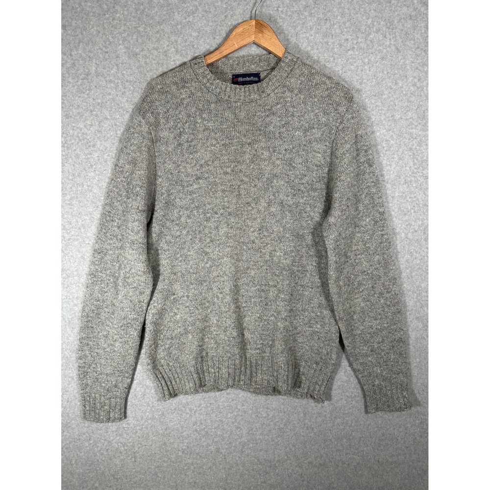VTG Manhattan Crewneck Sweater Men M Xtra Long Gray Shetland Wool Blend USA Made